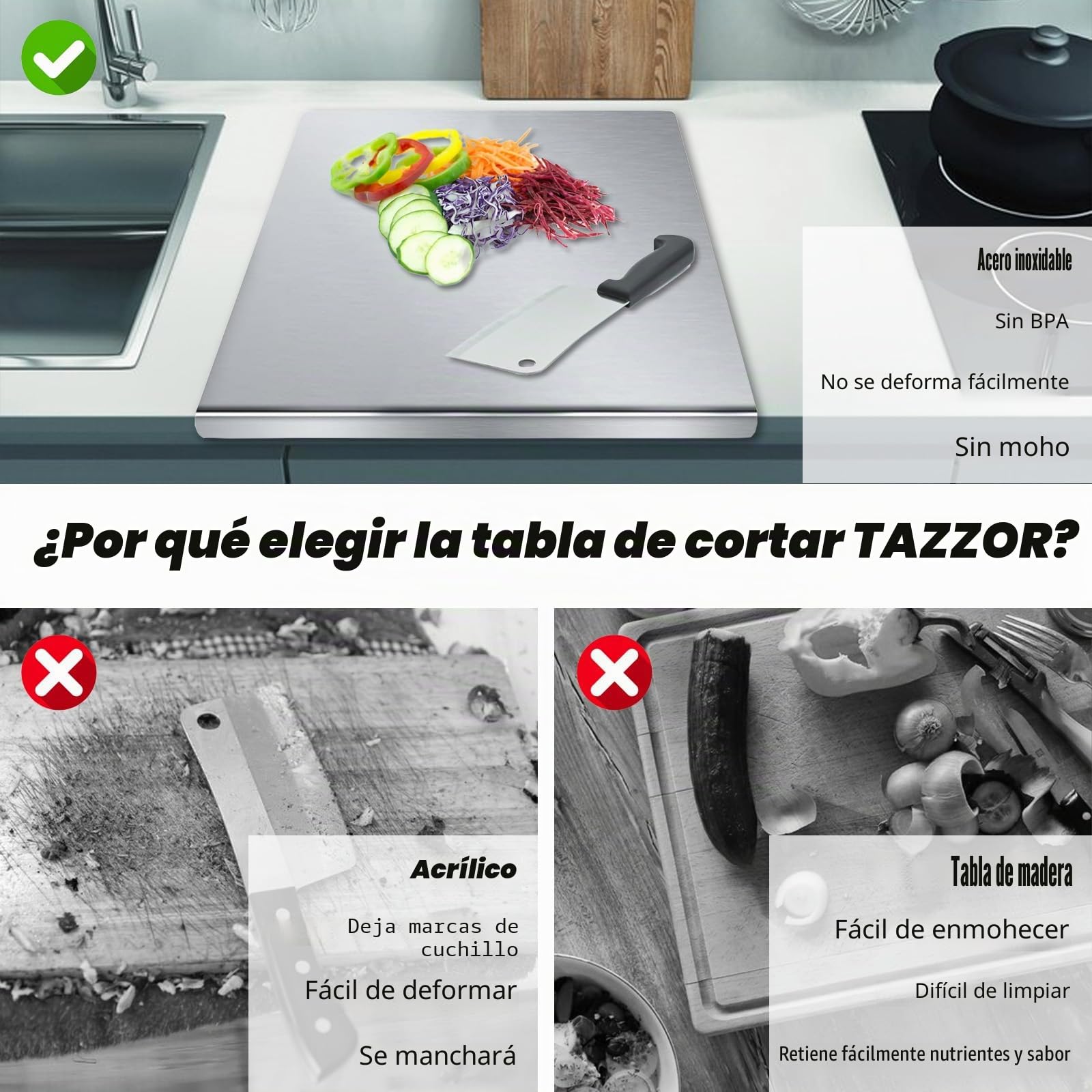 Tabla de cortar grande de acero inoxidable, 50 x 50 x 0,15 cm | tablas de cortar de doble cara tabla de corte antideslizante, encimera de cocina, para carne, frutas, verduras, pan