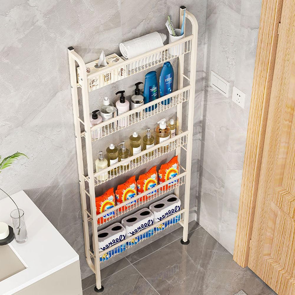 Behind the Door Storage Rack, Space Saving 5 Tier Shelving Unit Organizer Kitchen for Office Bathroom Kitchen Laundry Room Narrow Places (White)