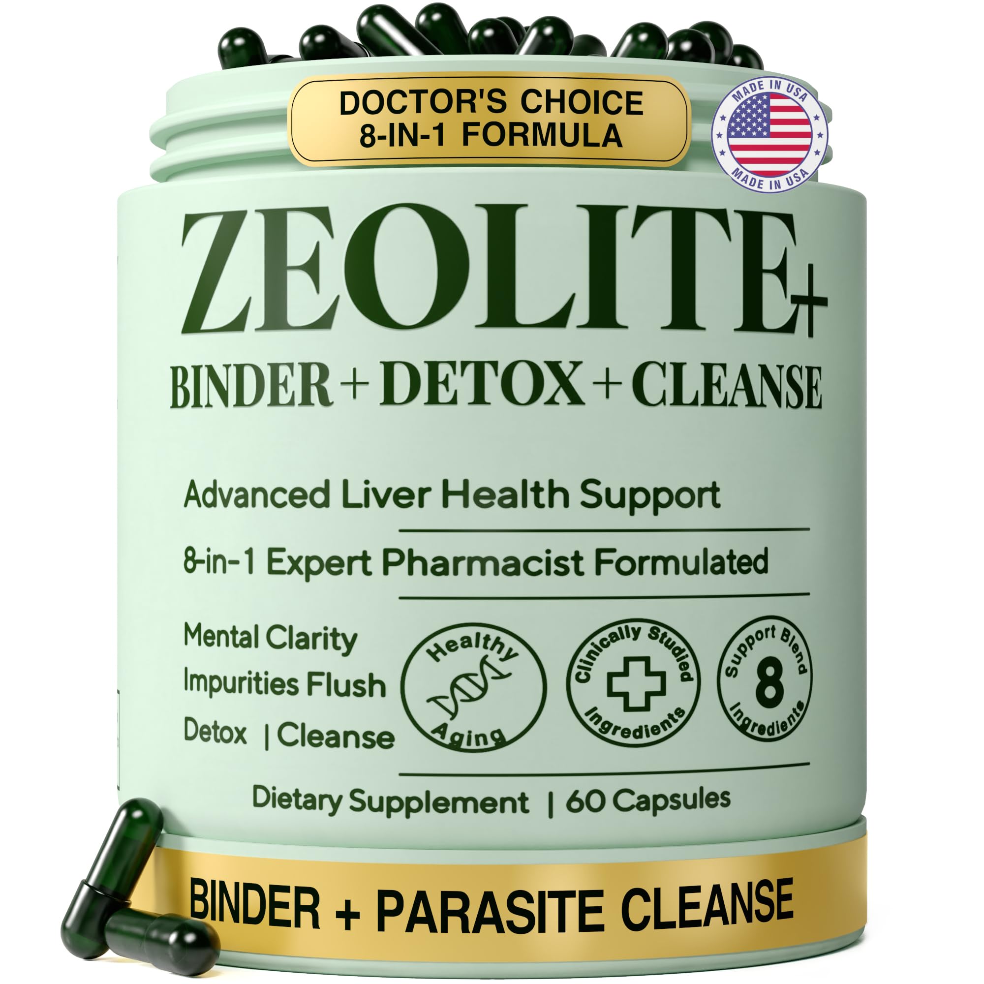 Zeolite Detox Binder 8-in-1 Clinoptilolite & Activated Charcoal, Aloe 60ct