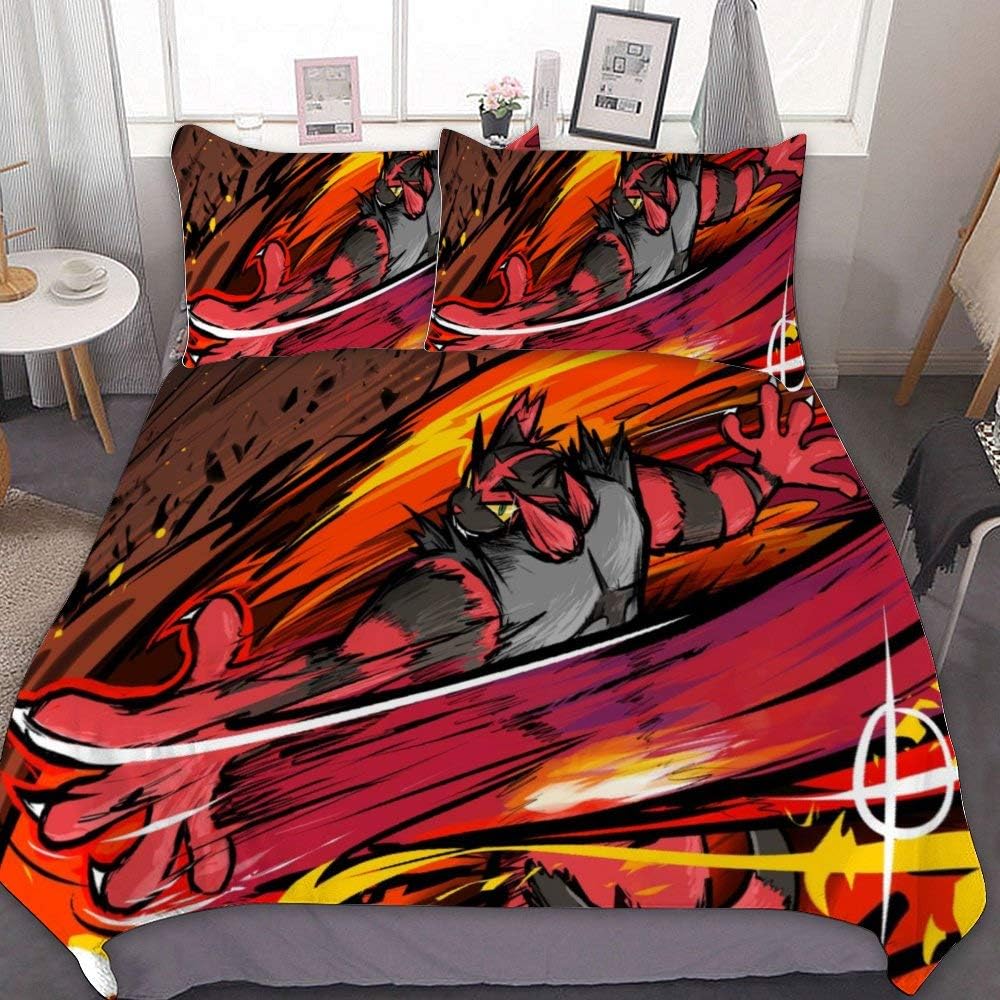 MEW Anime Poke-mon Twin Bedding Duvet Cover Set,Incineroar Darkest Lariat,3 Pieces Bedding Set,with Zipper Closure and 2 Pillow Shams,Cute Boys Girls Comforter Sets,Luxury Guestroom Decorations