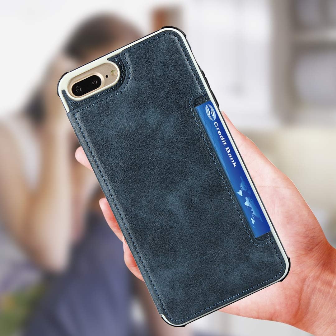Cavor for iPhone 7 Plus iPhone 8 Plus Wallet Case with Card Holder,Credit Card Holder [4 Card Slots][with Strap] PU Leather Shockproof Phone Case for Women Men- Blue