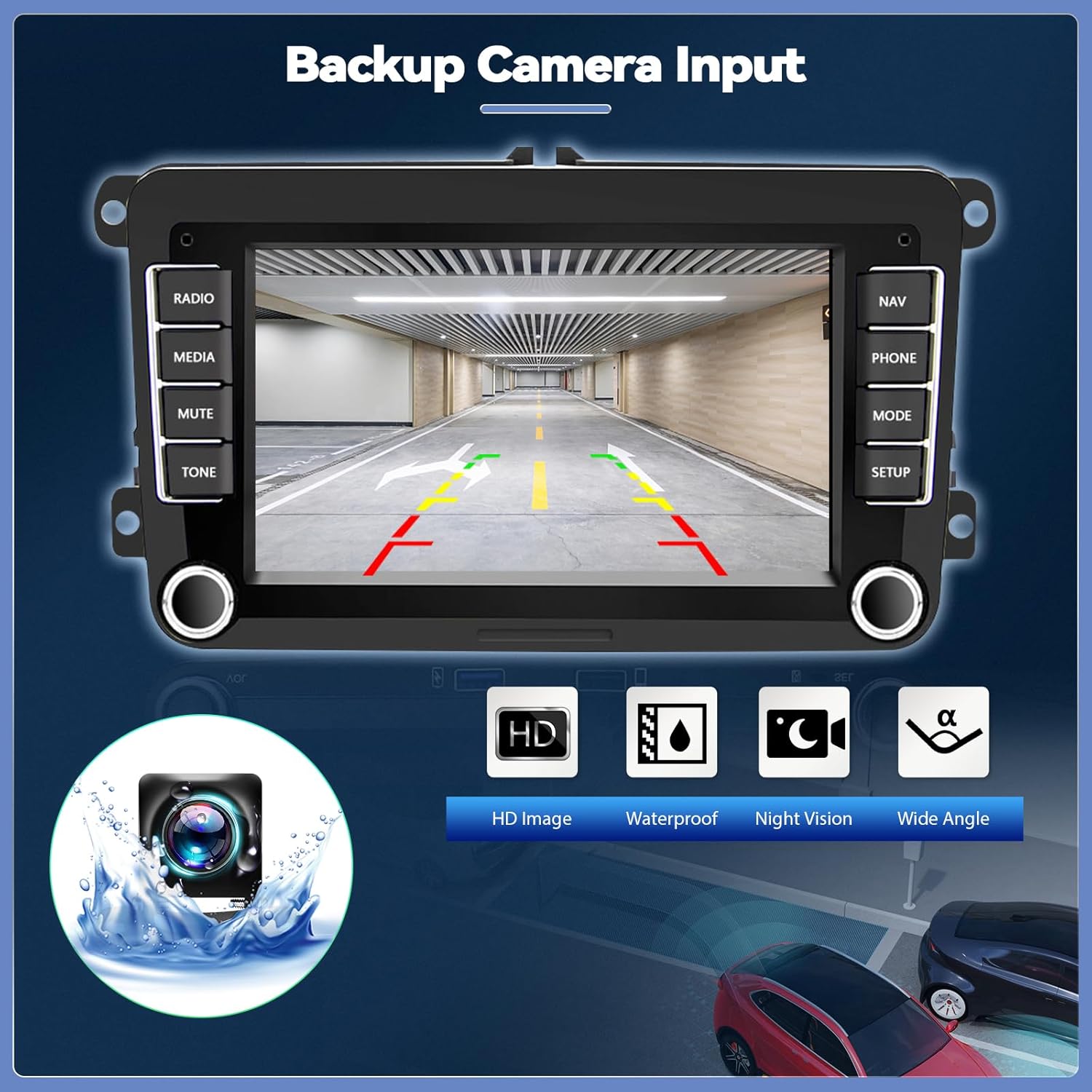 Car stereo display showing the backup camera view with parking guidelines.