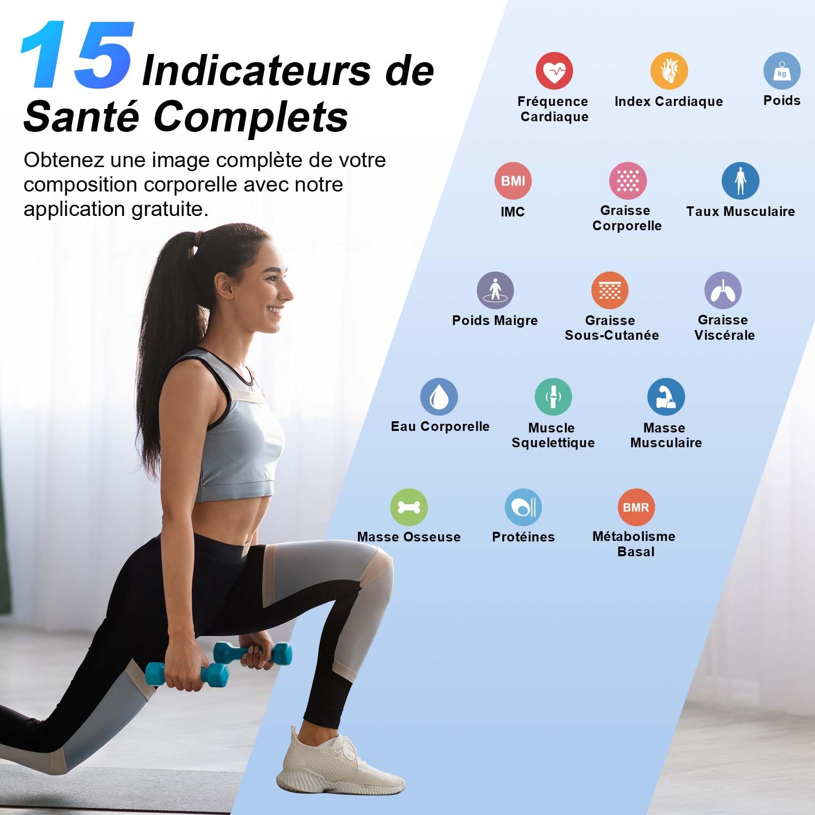 Healthkeep Balance Connectée Impédancemètre Pèse Personne avec Affichage VA 15 Données Corporelles Fréquence Cardiaque Max. 180kg/400lb Blanc