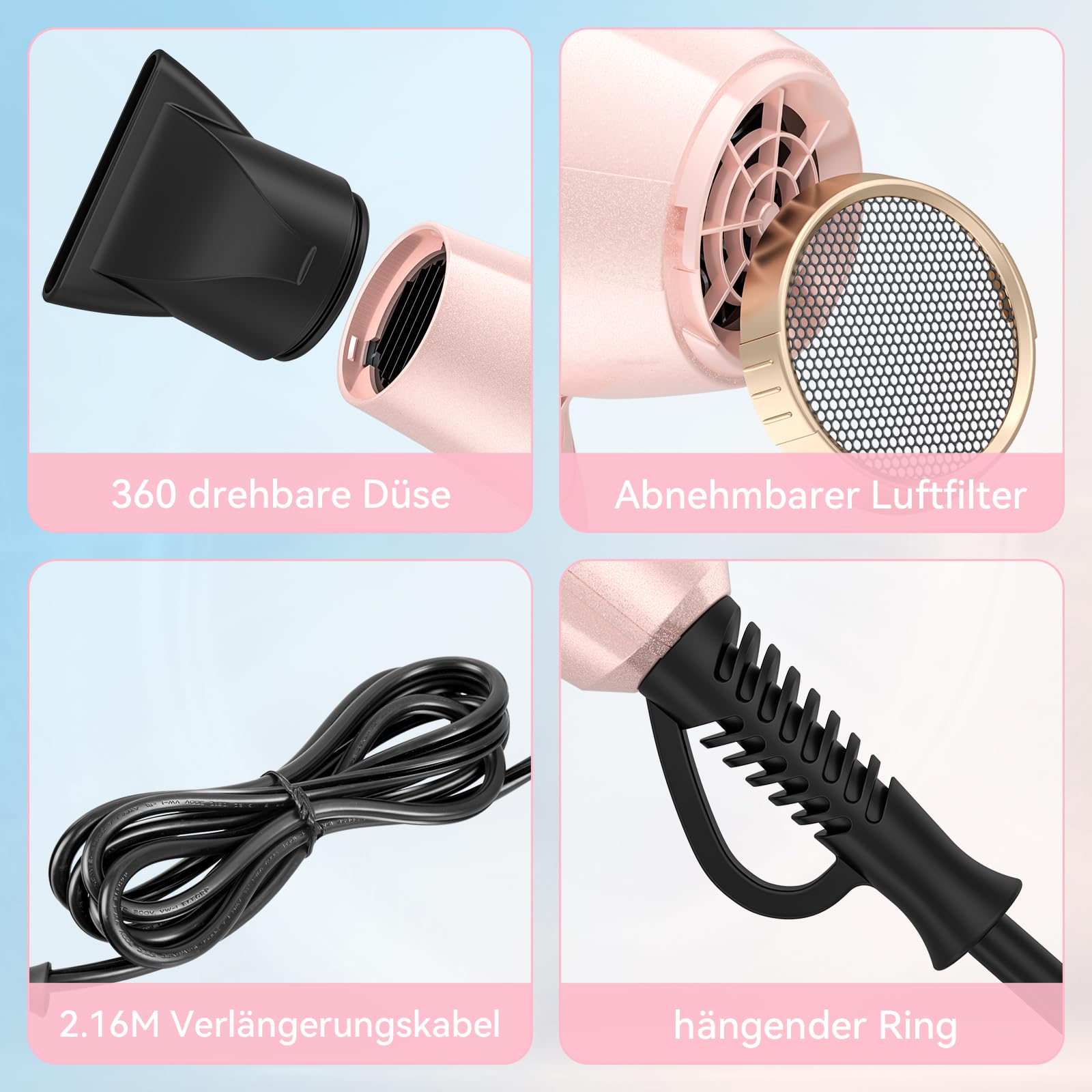 CONFU Ionen Föhn Professioneller Fön Salon Haartrockner Leicht und Leise Magnetischer Diffusor und StylingDüse, für Hause Salon und Reisen