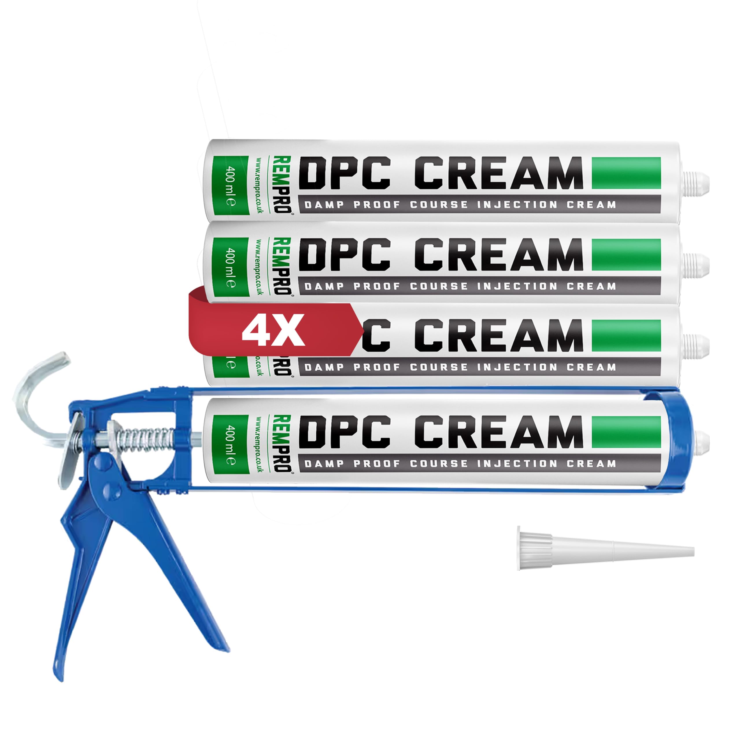 Rempro DPC Damp Proofing Course Cream Kit (4 x 400ml + Caulking Gun)- Barrier Treatment & Control of Rising Damp in Walls - BBA Certified
