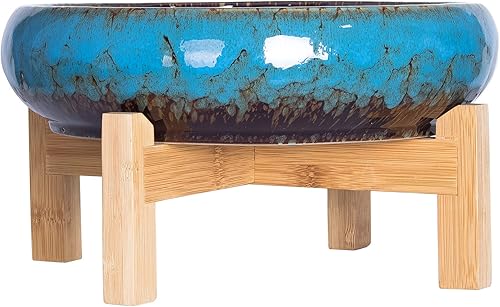 Miniatura 2 de Macetas para suculentas – Macetas grandes para suculentas con drenaje, maceta de cerámica para bonsái de 10 pulgadas con soporte, maceta redonda Azul