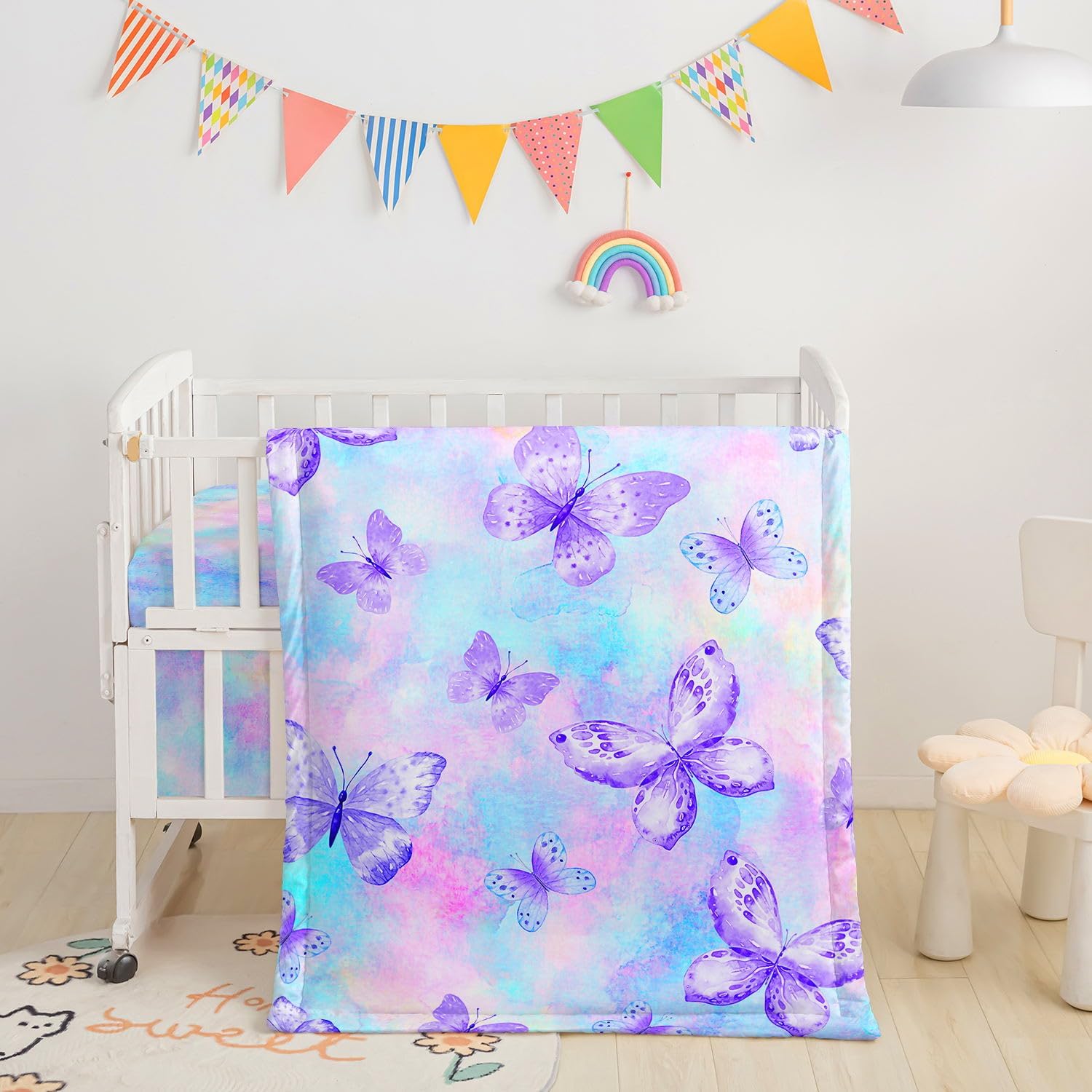 Crib Bedding Set, 3-Piece Nursery Crib Bundle with Comforter, Crib Sheet & Skirt, Watercolor Butterfly Printed Bedding for Baby Boys & Girls (Butterfly Purple)