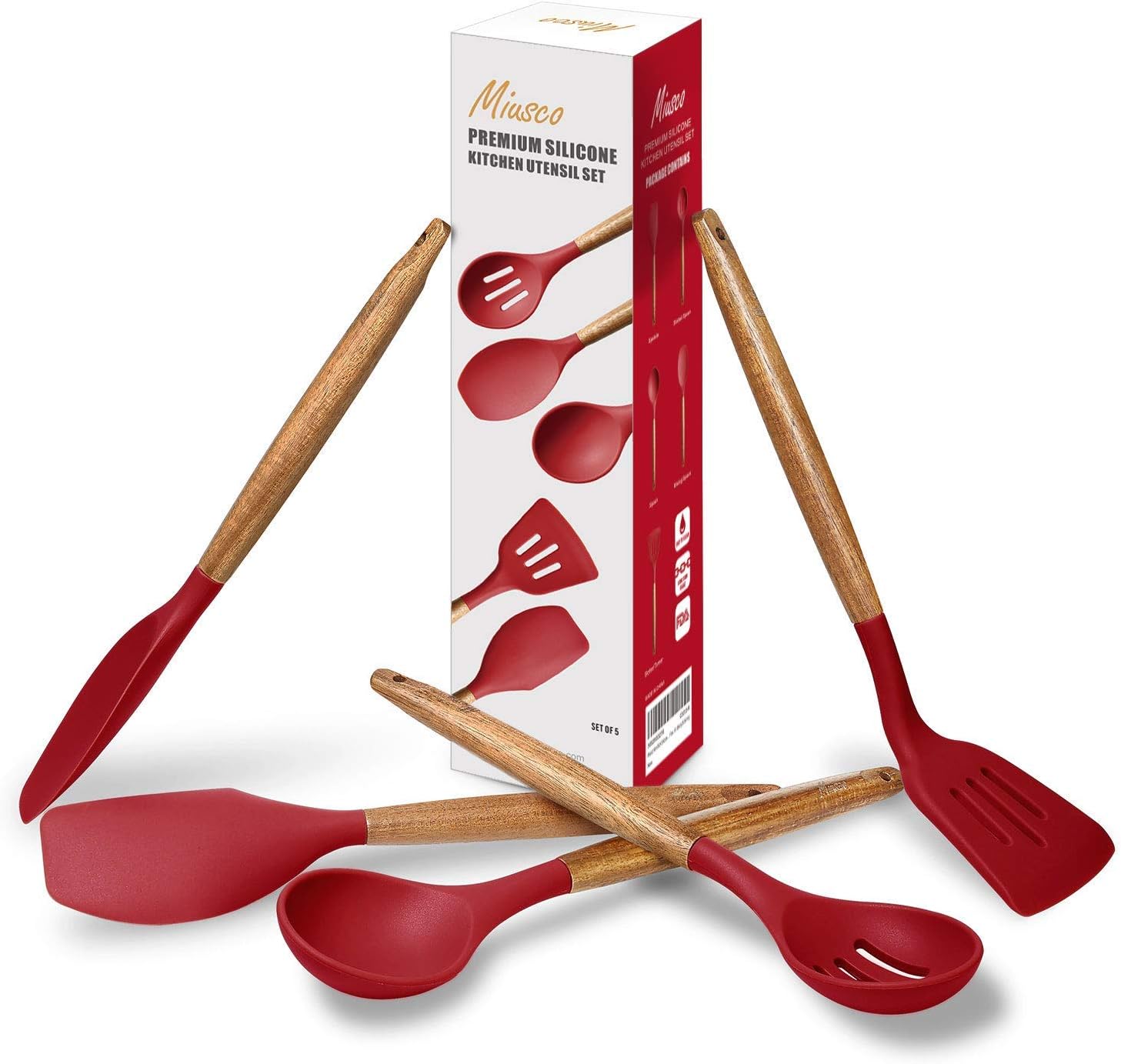 Miusco Non-Stick Silicone Kitchen Utensils Set with Natural Acacia Hard Wood Handle, 5 Piece, Red, BPA Free, Baking & Serving Silicone Cooking Utensils - Image 4