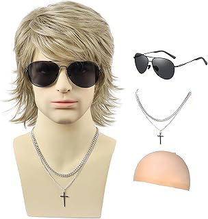 Mens Ash Blonde Wig+Necklace+Glasses+Wig Cap,Layered Fluffy Wig For Male Daily Party Halloween Cosplay Costume Use（Ash Blonde）