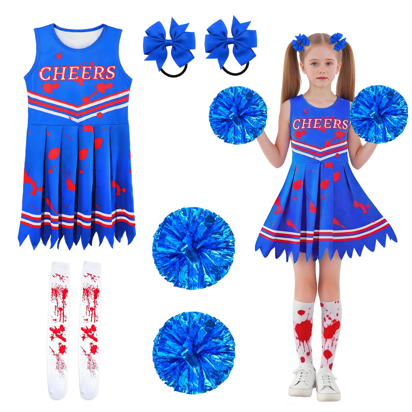 Mprocen Kids' Bloody Cheerleader Costume Halloween Outfit, Creepy Blue Cheer Dress with Accessories - Image 4