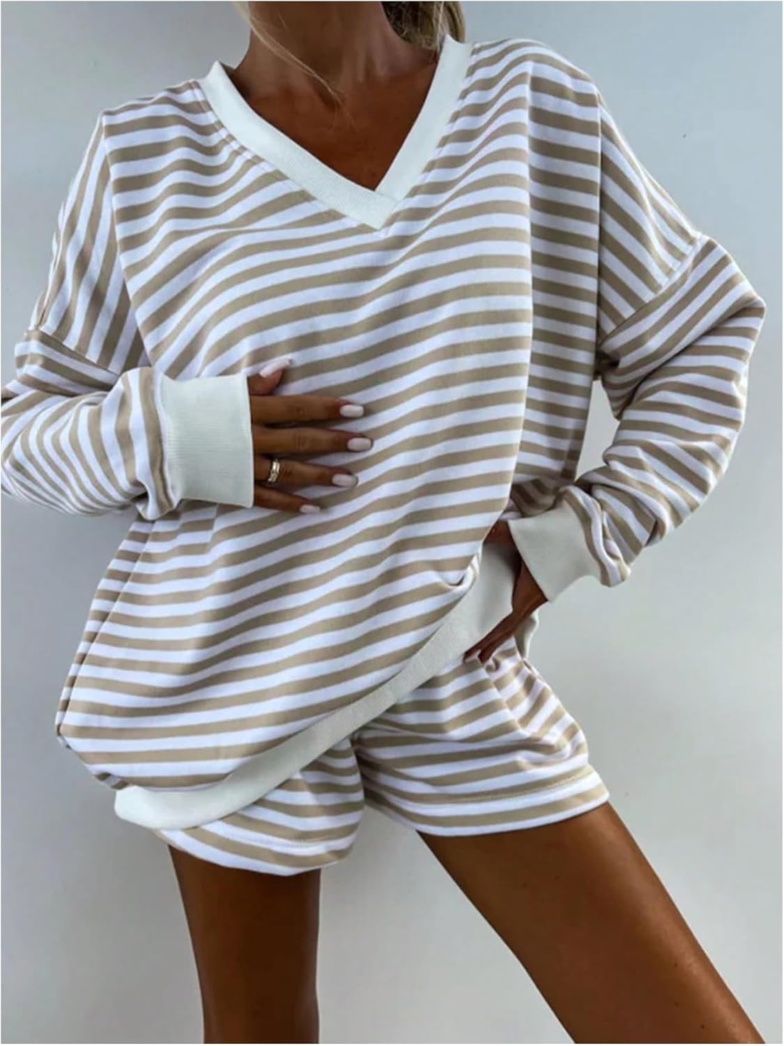 Women's 2 Piece Casual Lounge Sets Striped Long Sleeve T Shirt and Shorts Set Soft Pajama Sleepwear - Image 3