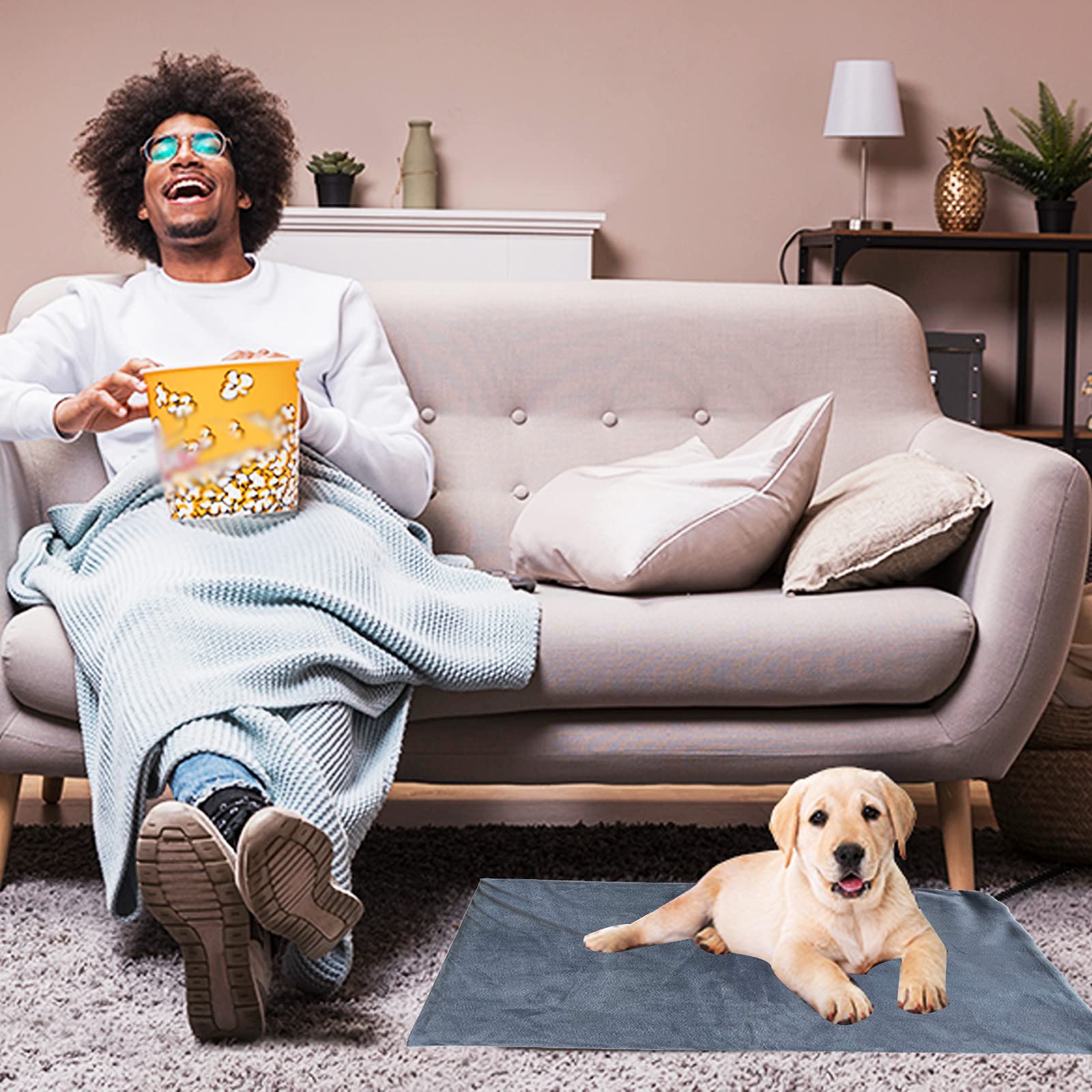 Tapis chauffant pour chats et chiens, 70 x 45 cm, minuterie et température réglables, sûr, couverture de rechange douce et confortable pour nouveau-né/mise bas / chiot/vieux chat et chien