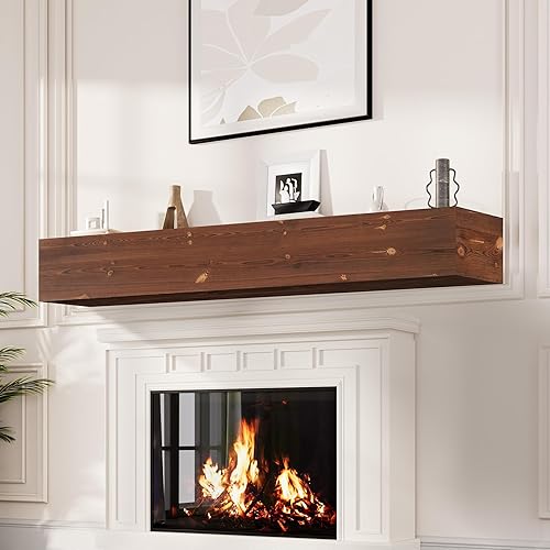 Miniatura 59 de Mantel de chimenea de 60 pulgadas, estante de mantel hecho a mano para sobre chimenea, mantel de madera con soporte invisible resistente, estantes