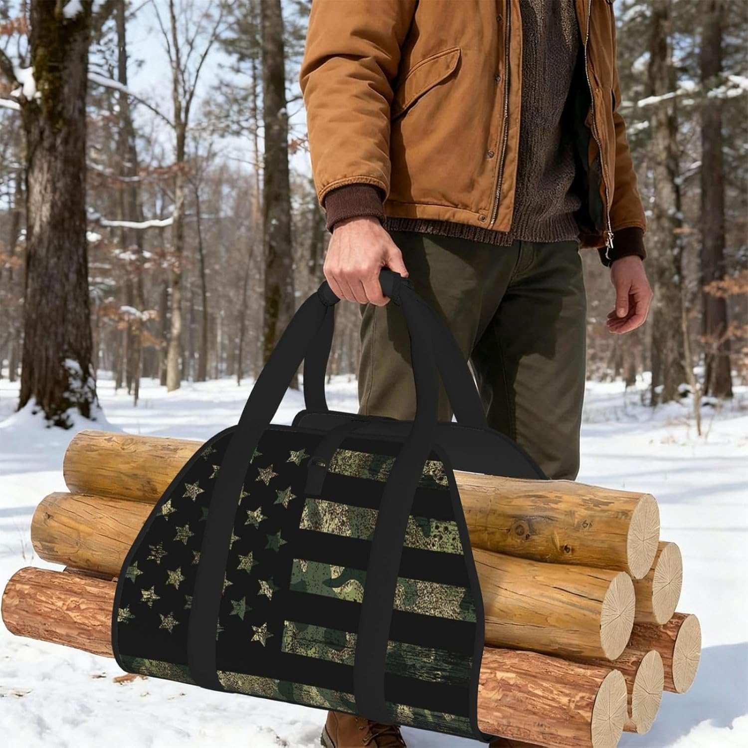 "Camo Camouflage Hunting American Flag Heavy Duty Firewood Carrier Bag - Large Oxford Wood Log Tote, Stylish & Waterproof Firewood Holder with Reinforced Handles for Indoor, Outdoor, Camping & RV"