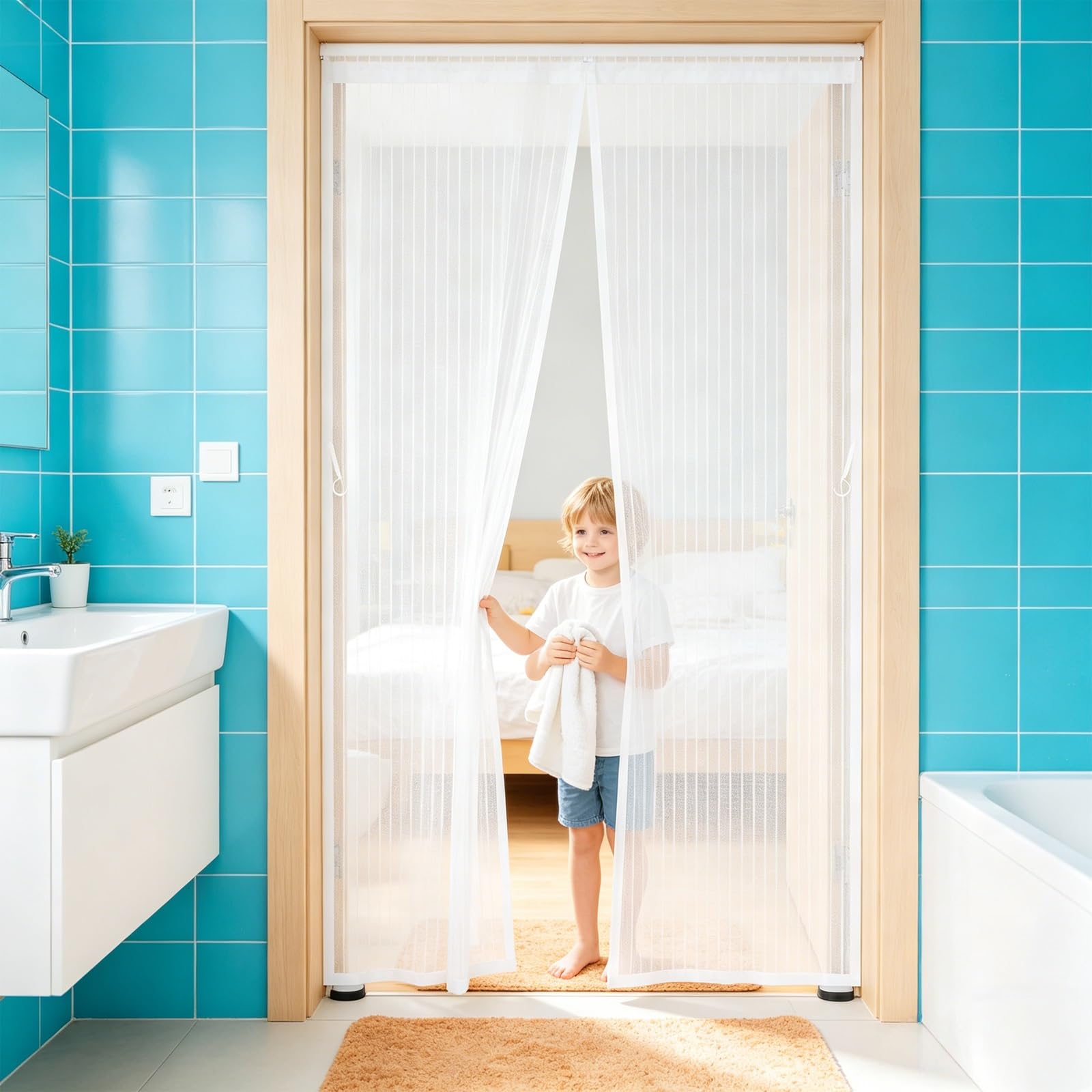 Fly Screens for Doors 141 x 160 cm Curtain, Heavy Duty Self-Sealing Mesh, Door Screen Automatically Closes Magnetic Door Curtains Fly Screen for Front Doors, Sliding, White