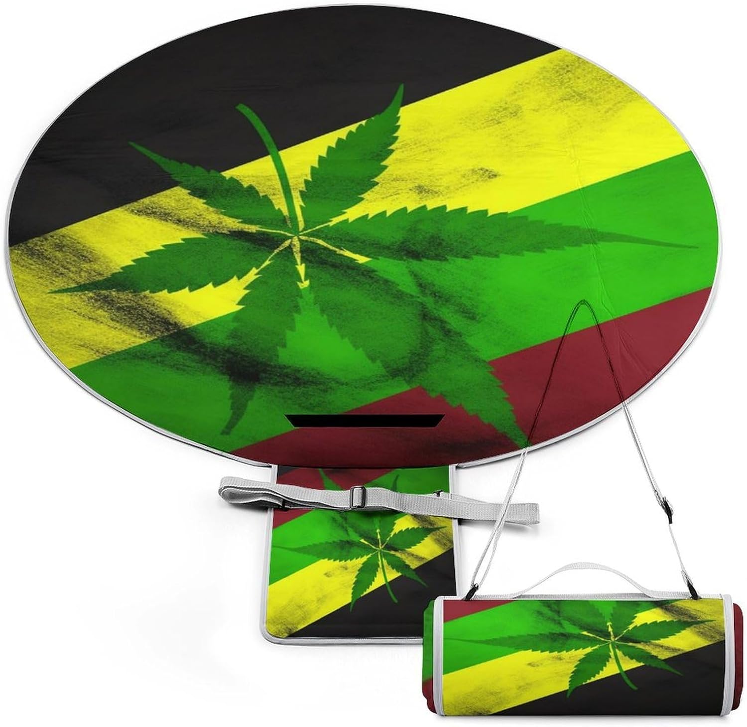 Jamaica Flag Leaves Round Outdoor Picnic Mat Foldable Waterproof Beach Camping Blanket Outdoor Rug with Sponge Padding