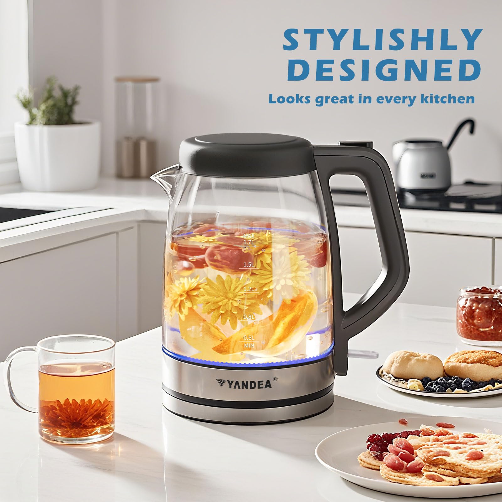 YANDEA Electric Kettle(Blue LED light), Hot Water Boiler, Auto Shut Off, Boil-Dry Protection, Upgrade lid with safety lock, Filter, BPA Free, Borosilicate Glass Electric Tea Kettle (1.7L),