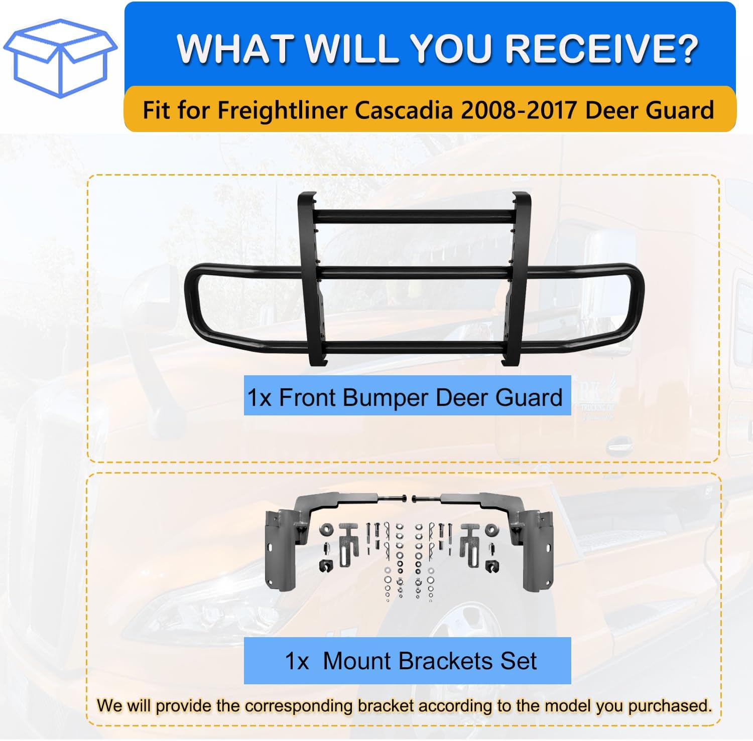 Deer Guard Compatible with 2008-2017 Freightliner Cascadia, Large Front Bumper Premium Q235 Iron Deer Guard Bumper Protector with Brackets Set(Style 6)