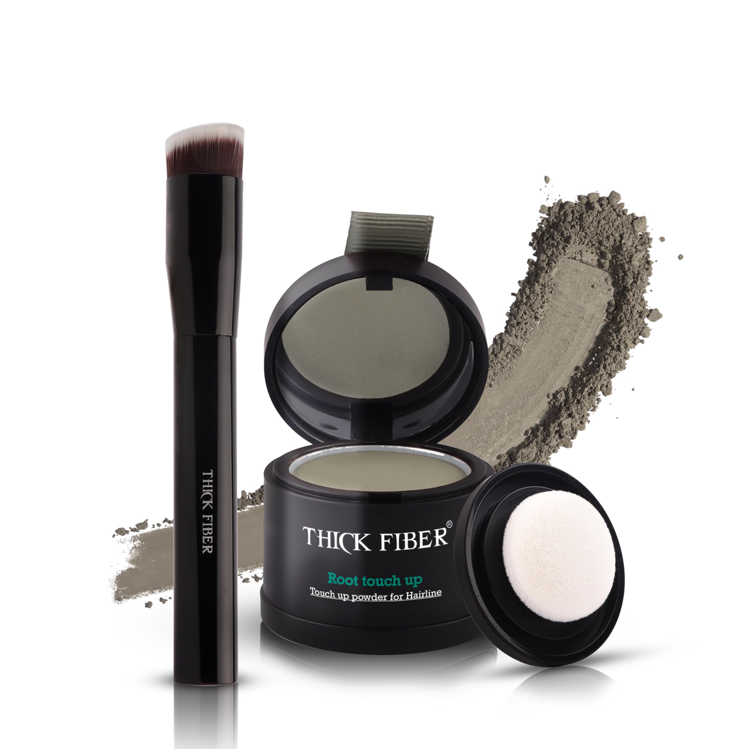 THICK FIBER Root Touch Up & Hairline Powder with Brush 4g, Covers Grey Roots & Thinning Hair, Sweat & Water Resistant