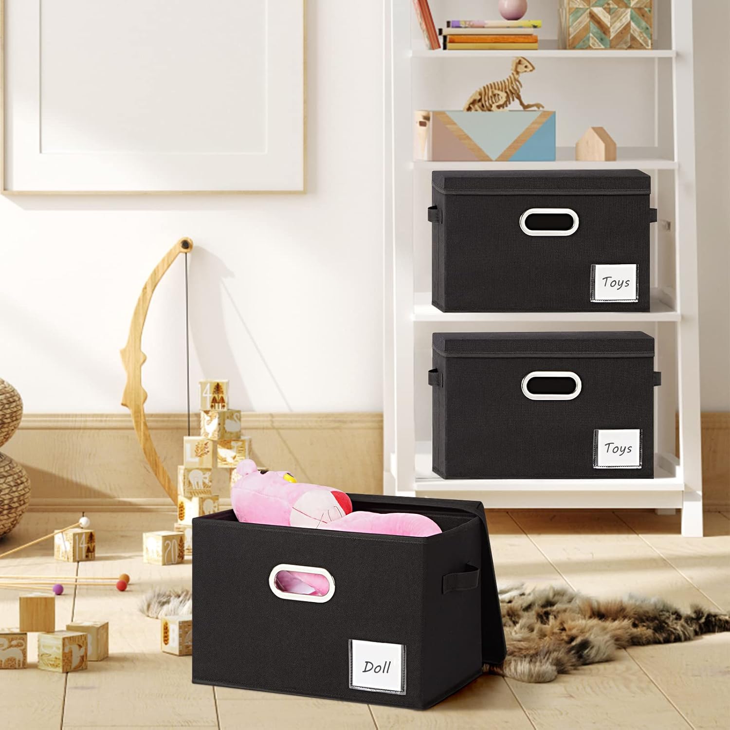 LHZK Extra Large Storage Bins with Lids 6 Pack, Foldable Linen Fabric Storage Boxes with Lids, Sturdy Fabric Storage Bins with Label & 3 Handles for Shelves Bedroom Home Office (Black, Extra Large)