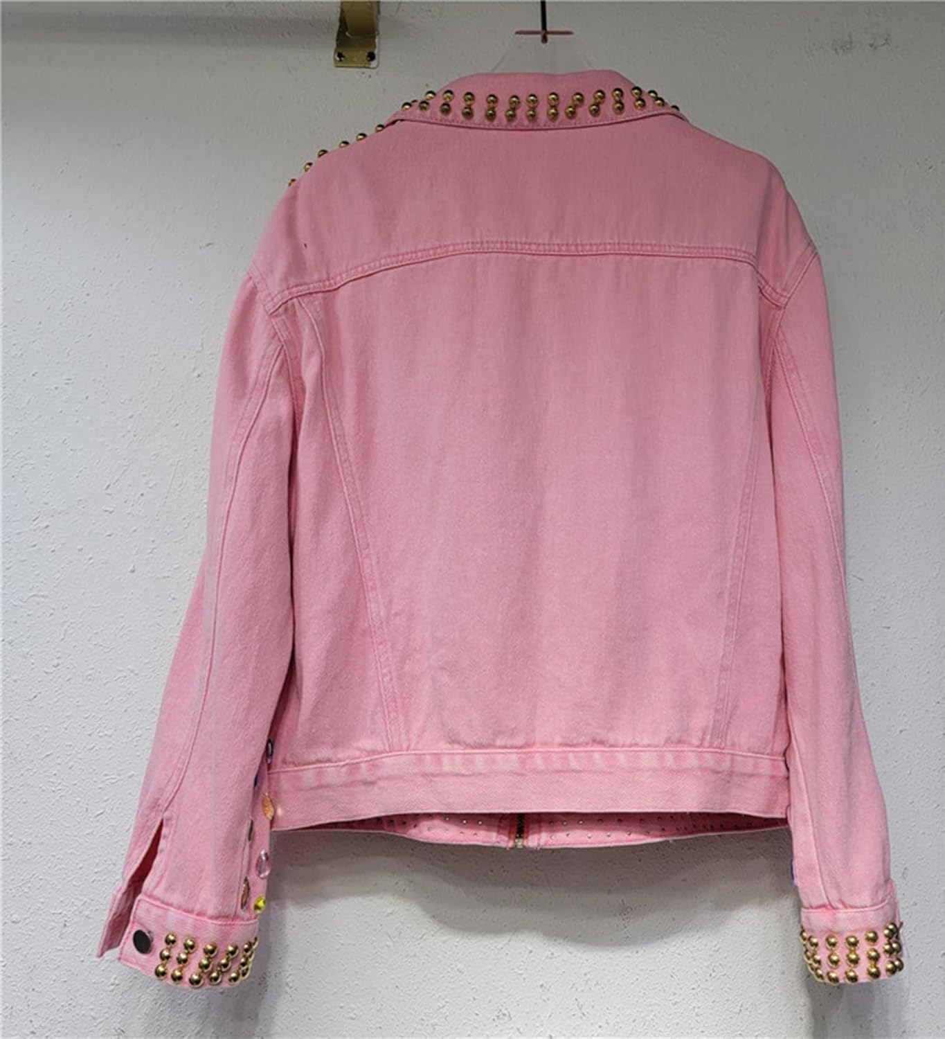 Womens Trendy Denim Jacket Color Rhinestones Rivet Long Sleeve Zip Up Spring Fall Jean Jackets