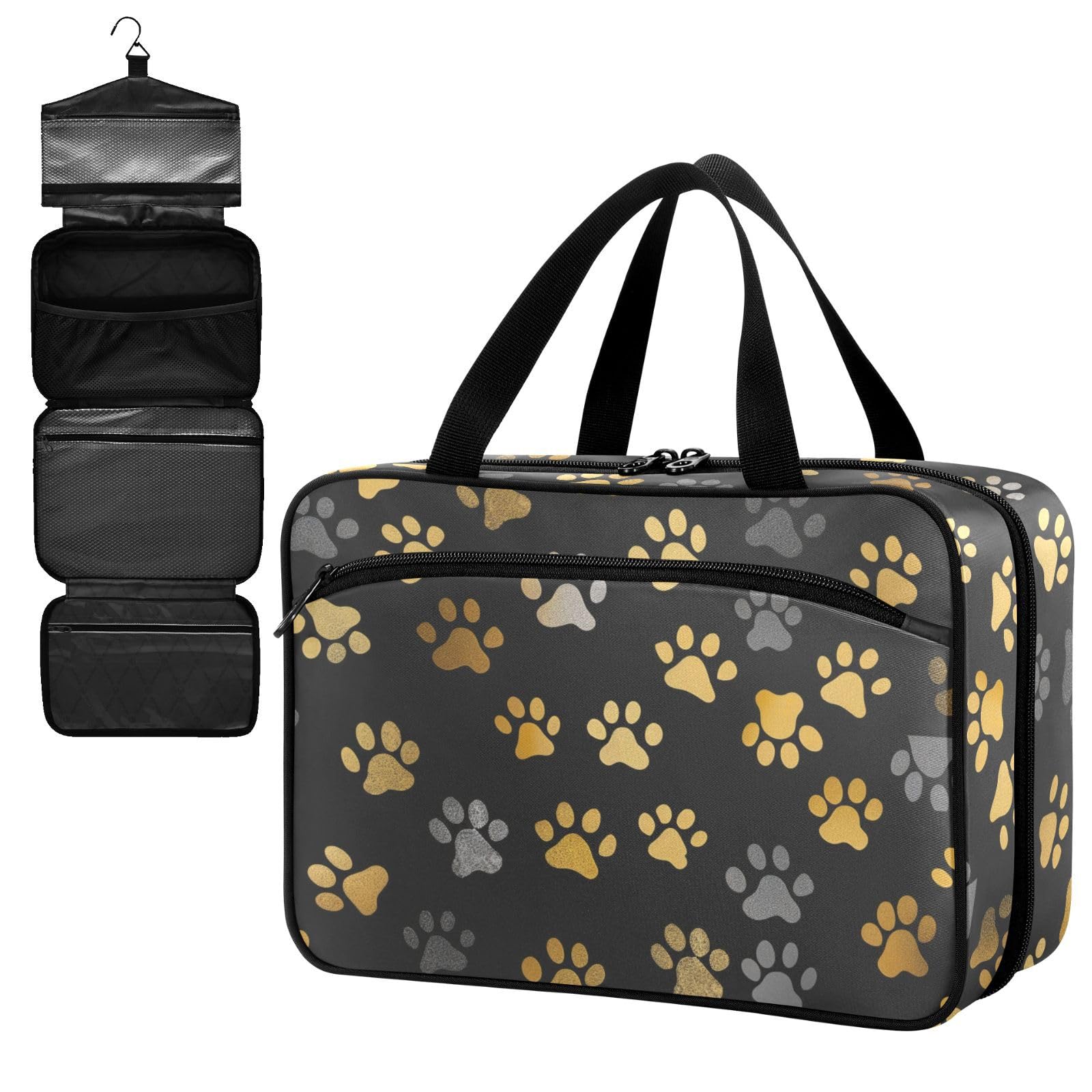 Fustylead Gold and Grey Cute Dog Paw Prints Large Medical Storage Bag with Zipper Empty First Aid Bag Trauma Kit for Traveling Hiking Camping Backpacking