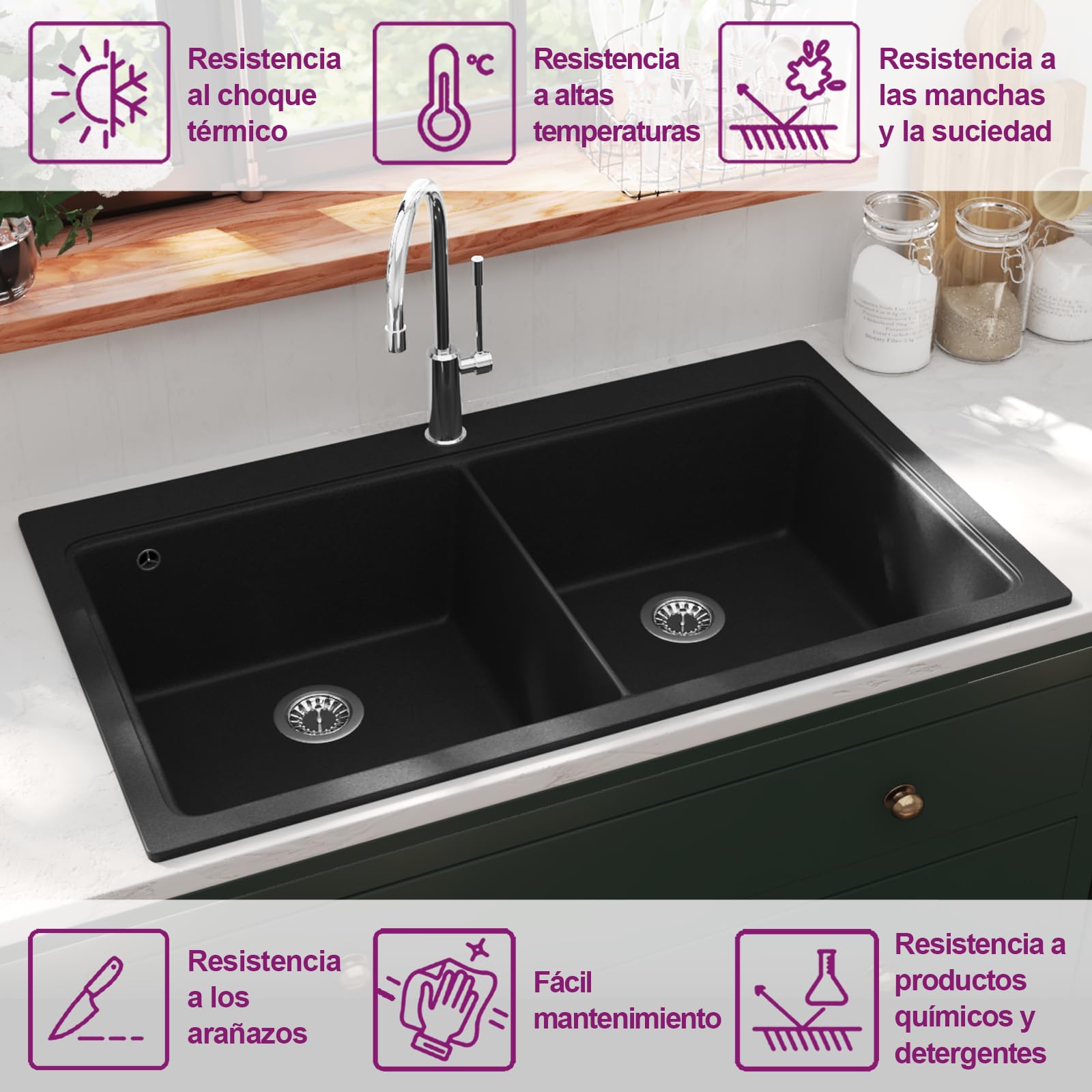 vidaXL Fregadero Encastrable con 2 Senos de Granito Negro Cubeta Lavaplatos
