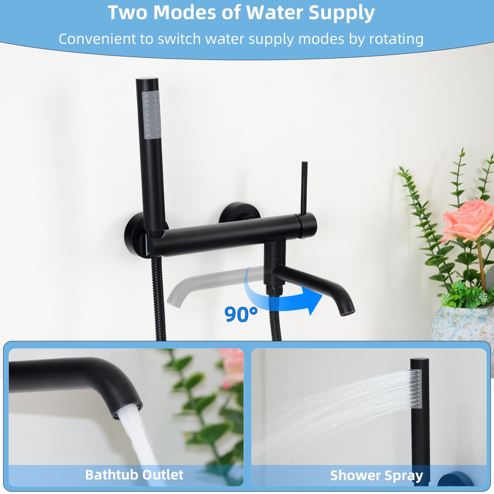 PHASAT Rubinetto Vasca da Bagno con Doccetta, Miscelatore Monocomando Doccia Esterno con Doccetta, Rubinetto a Parete Bagno Bocca girevole a 90°, Nero PTBB27E