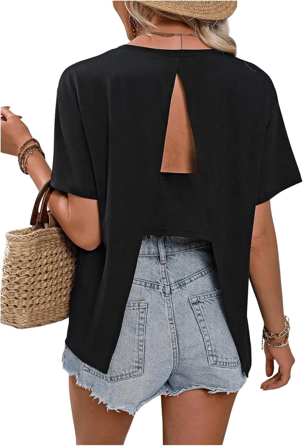 Floerns Women's Split Open Back Crew Neck T Shirt Cut Out Short Sleeve Tee Tops