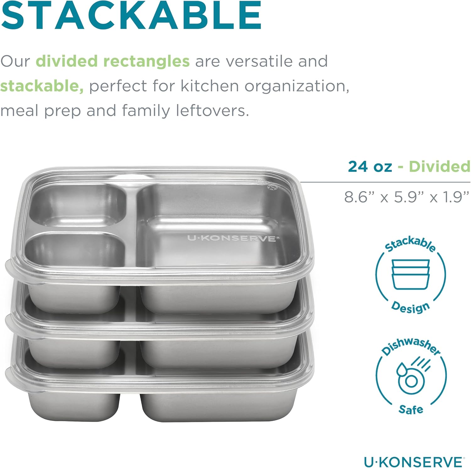 U Konserve Stainless Steel Rectangle Divided 3 Section Food Storage Bento Box Container, Leak Proof Silicone Lid Dishwasher Safe - Plastic Free, (24oz Clear) - Image 2