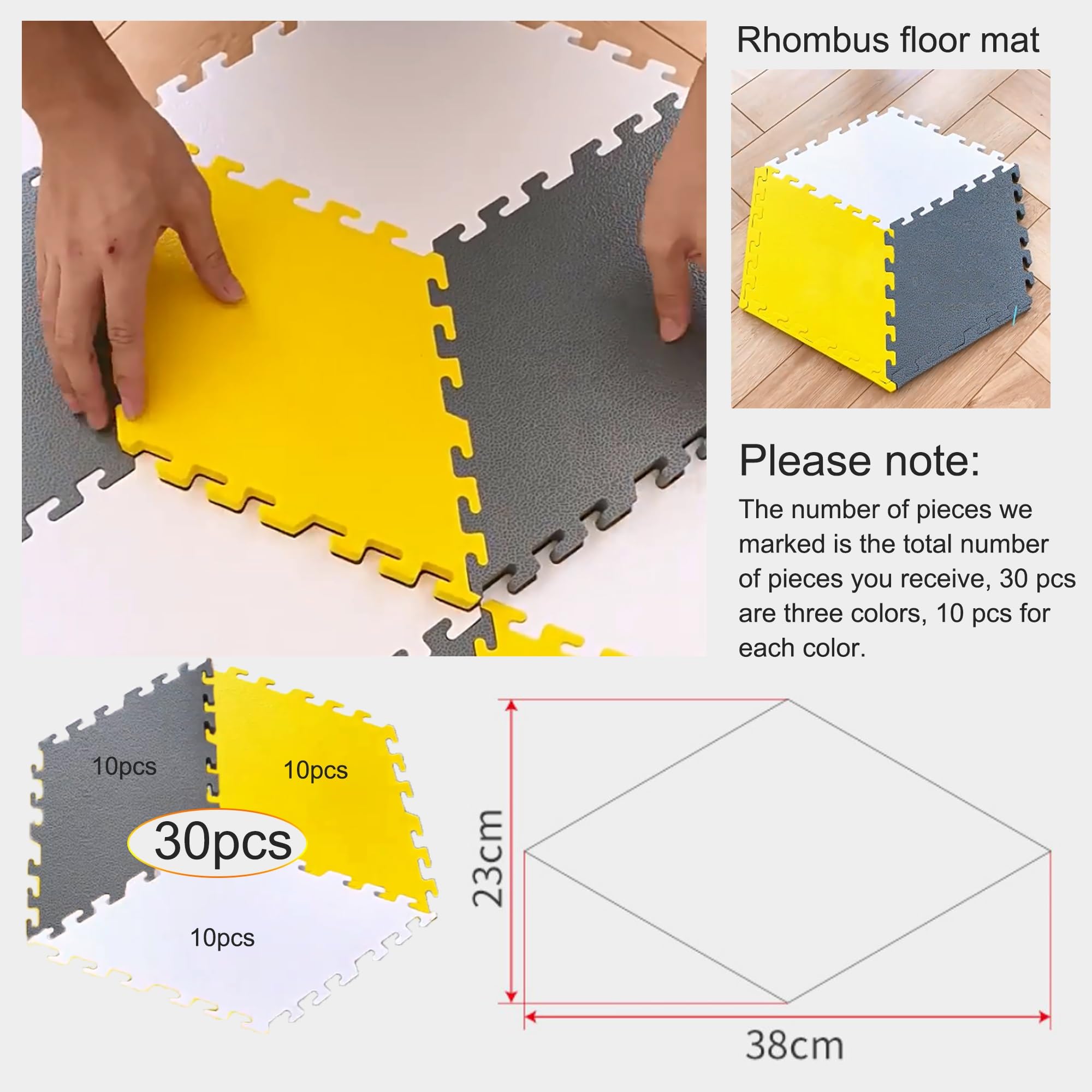 Generico Tappetini in Schiuma ad Incastro a 3 Colori - Tappeto Puzzle da 30 Tessere, Tappeto da Gioco a Forma di Diamante, Pavimento Domestico Multifunzione, Design a Rombi Irregolari, Ideale per Le