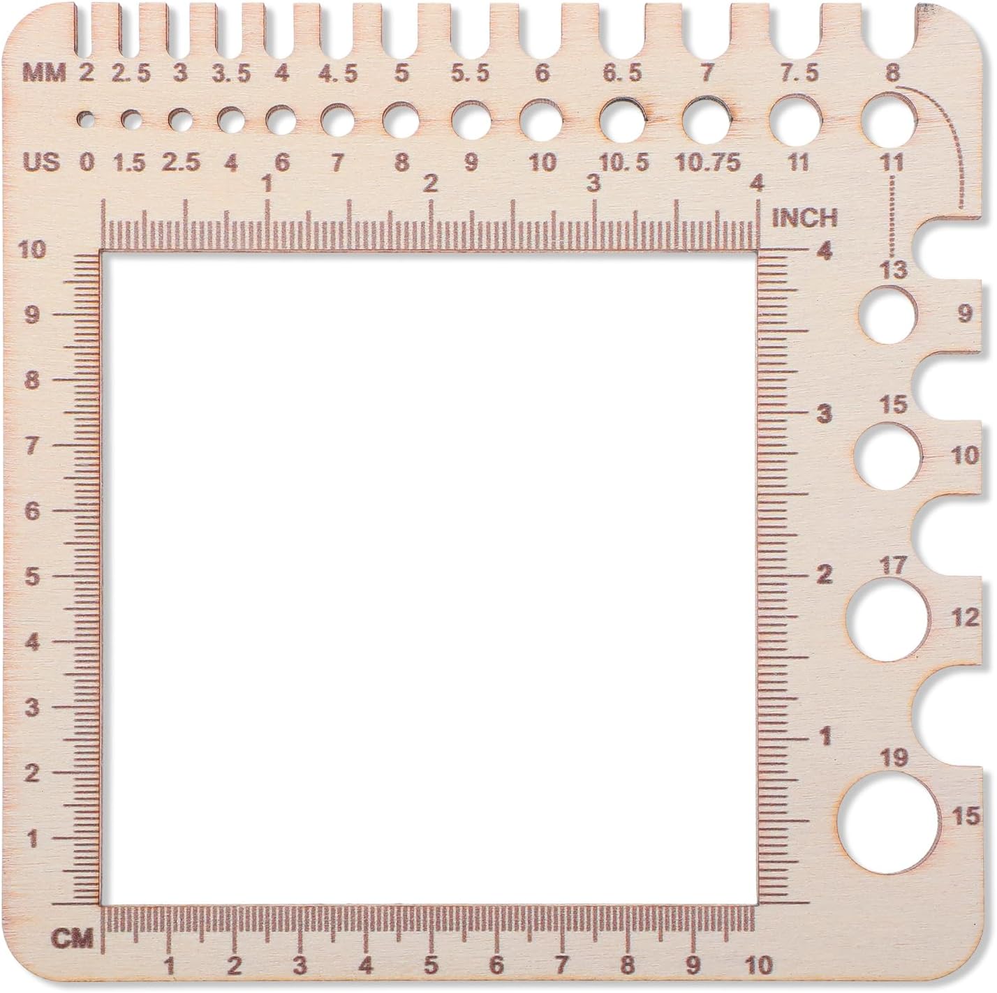 XLIUAX Wooden Rulers, Crochet Stitch Counter Spinner Yarn Measure Needle Gauge Swatch Ruler for Knitting Crochet Gauge Measuring Tool Poplar Square Measuring Tool Multi-Size Holes for Needles(A)
