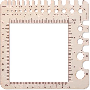 XLIUAX Wooden Rulers, Crochet Stitch Counter Spinner Yarn Measure Needle Gauge Swatch Ruler for Knitting Crochet Gauge Measuring Tool Poplar Square Measuring Tool Multi-Size Holes for NeedlesA