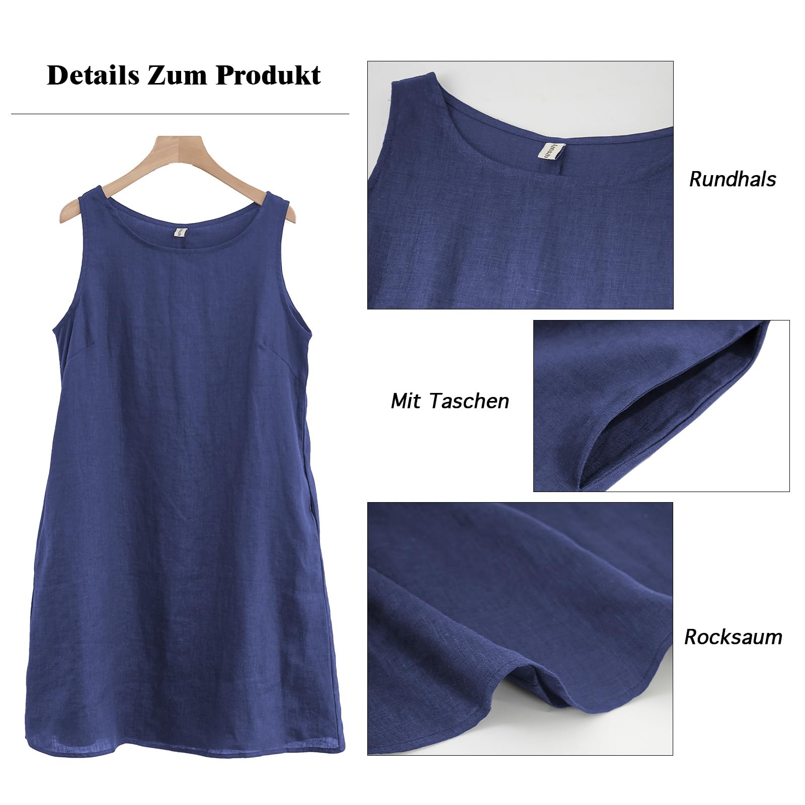 Amazhiyu Abito da donna, senza maniche, estivo, da spiaggia, lunghezza al ginocchio, girocollo, con tasche