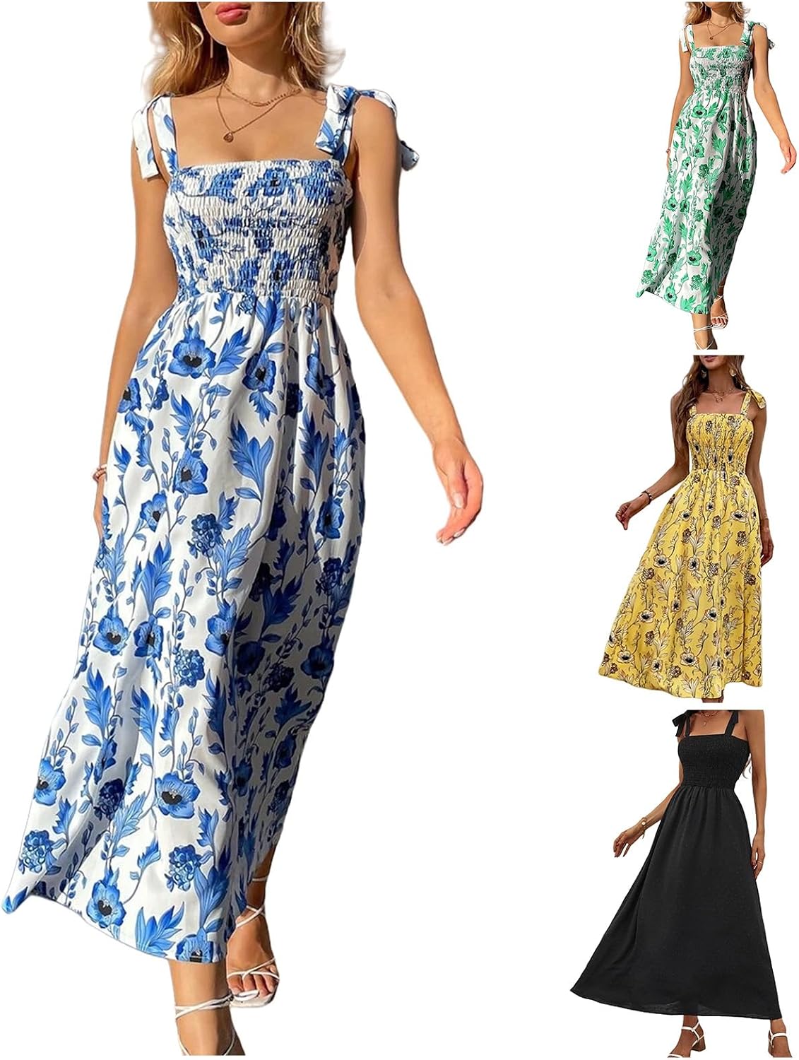 Summer Dress for Women Sleeveless Floral Ruched Dresses Beach Vacation Casual Dress Cute A-Line Flowy Midi Sundress