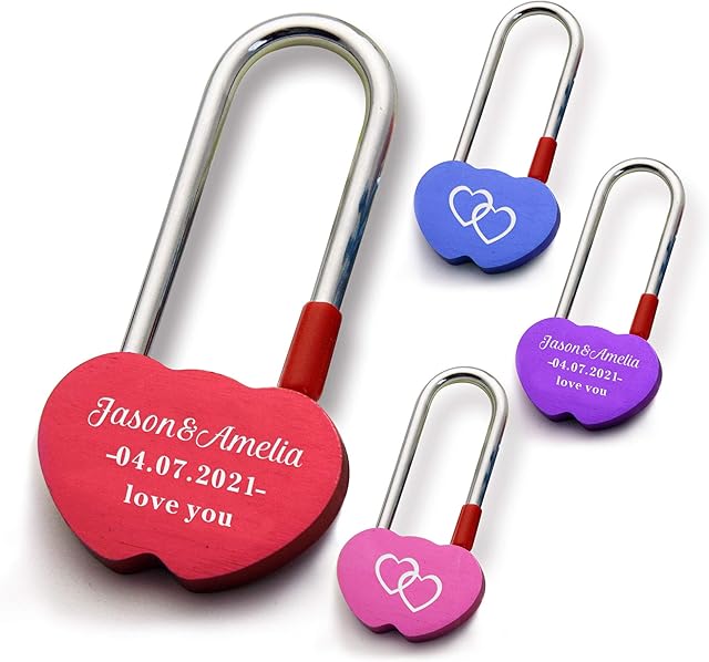 Personalised Love Lock for Her Engraved Padlock for Him Girls Couples Lover Custom Gift for Birthday Trip Travel Anniversary Wedding Valentines Day in Double Heart Shape (Red)