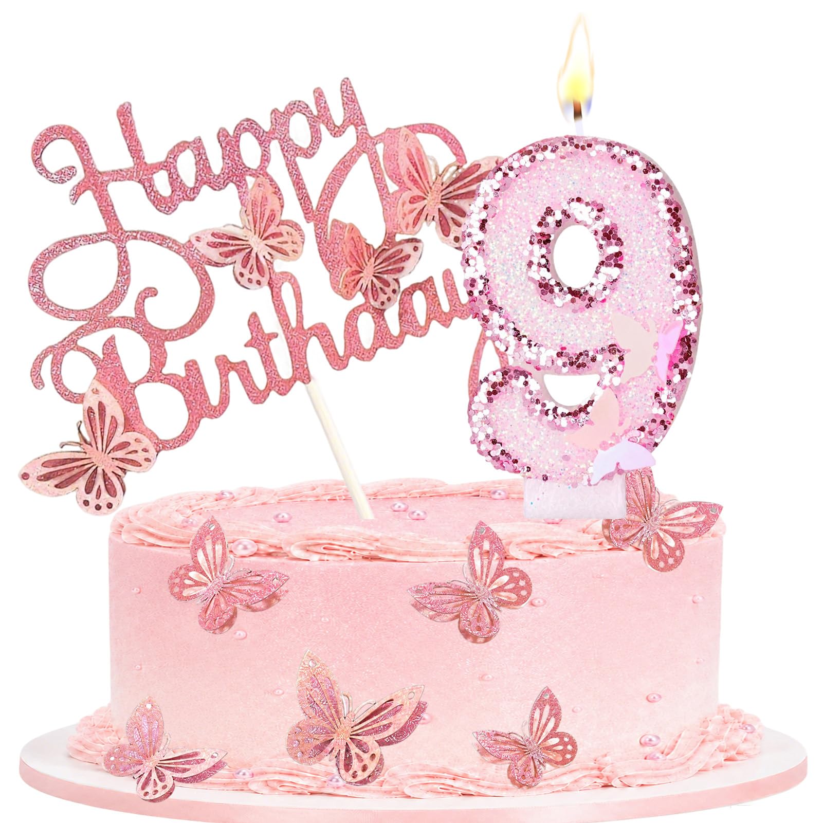 Birthday Candle with Pink Butterfly Cake Topper for Party, Number 9 — image 1