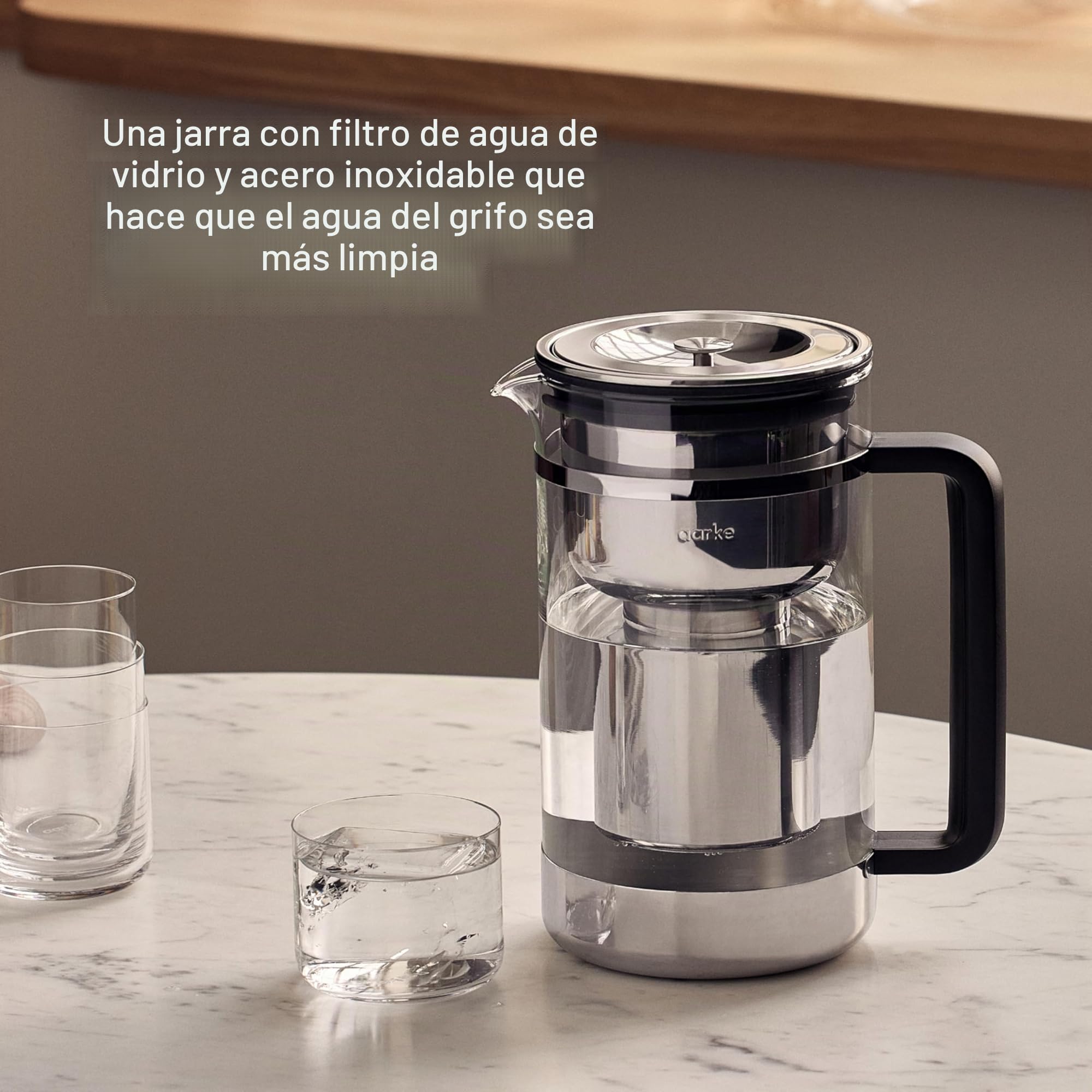 Aarke Purifier Large, jarra filtrante de agua en vidrio y acero inoxidable, 1,7 L / 7 tazas, incluye bolsa de recarga de filtro Pure Aarke
