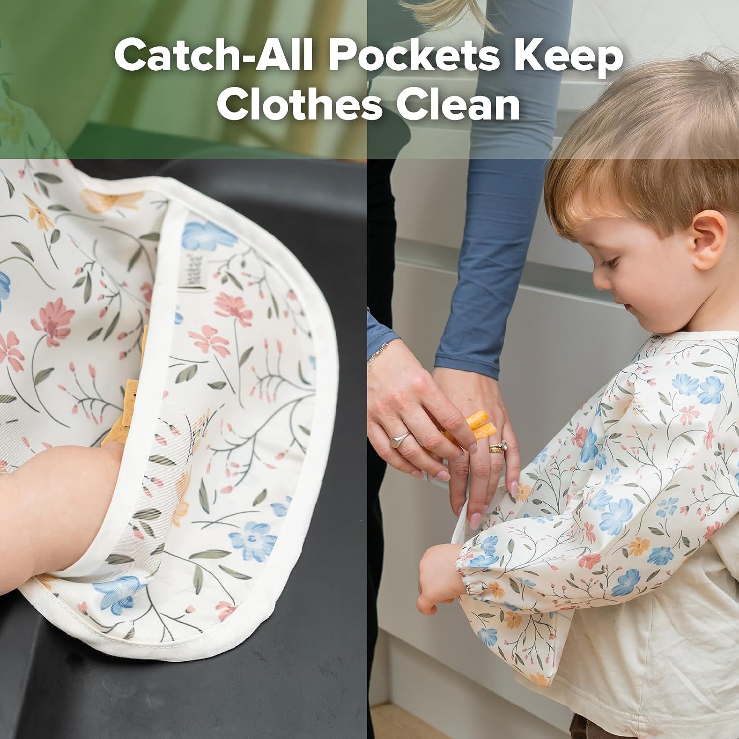 haakaa Waterproof Baby Bibs for Eating 2pcs for 6-24M, Wipeable + Adjustable Toddler Feeding Bibs with Catch-All Pocket