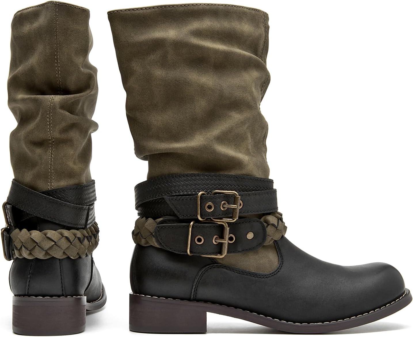 SelRoys Women’s Mid-calf Motorcycle Riding Boots with Buckle Straps Pull-on Low Block Heel Round Toe Slouchy Boots