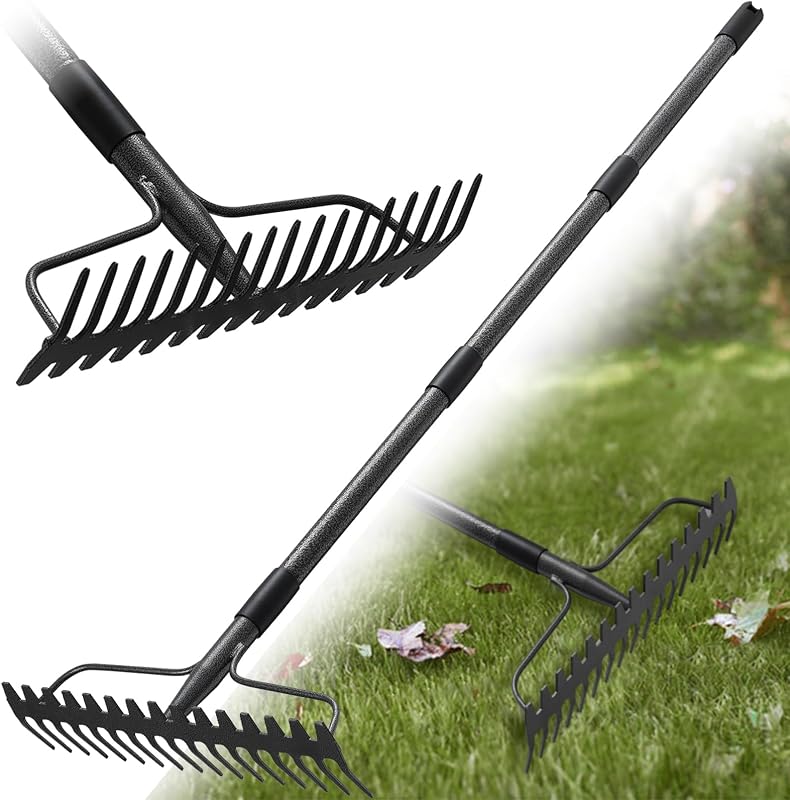 Garden Rake, Bow Rake Heavy Duty with 17 Tines, Garden Lawn Rake with Stainless Steel Handle 150 cm, Metal Rakes Garden Tools