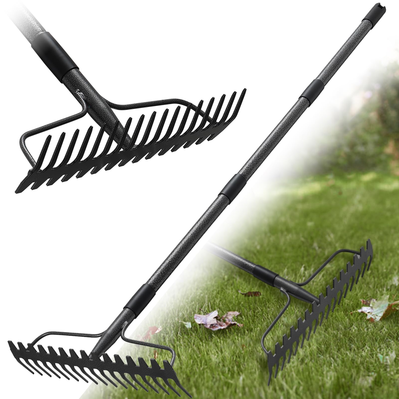 Garden Rake, Bow Rake Heavy Duty with 17 Tines, Garden Lawn Rake with Stainless Steel Handle 150 cm, Metal Rakes Garden Tools