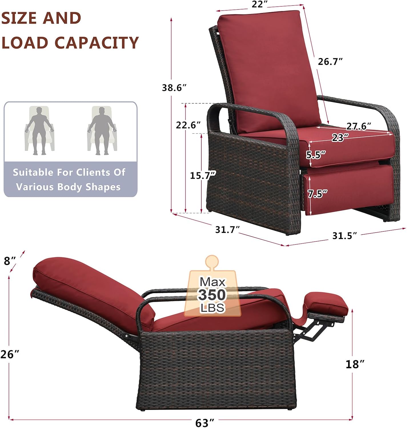 Babylon Dual-use Indoor/Outdoor Wicker Adjustable Recliner Chair, Patio Relaxing Lounge Rattan Armchair with Cushions (Brown Wicker+red Cushion)