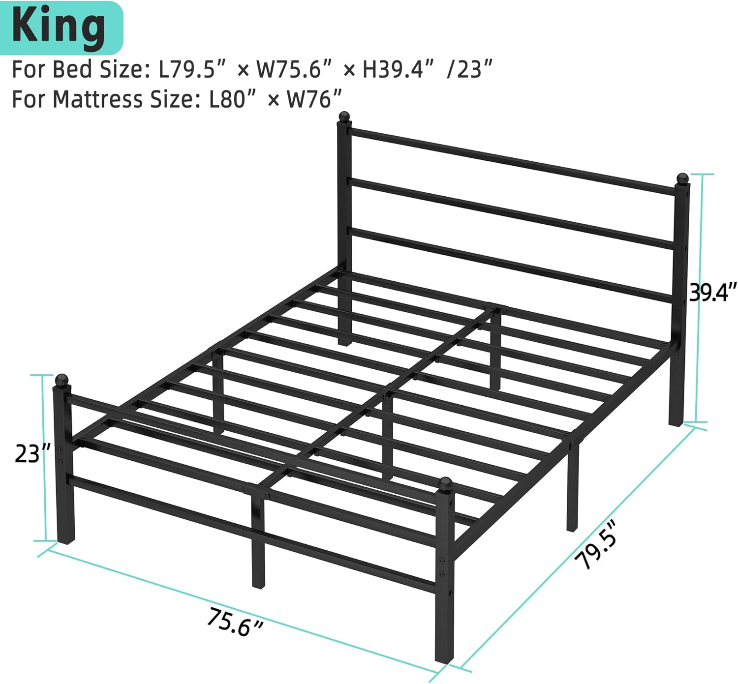 King Size Bed Frame with Headboard and Footboard, 14 Inch Metal Platform King Bed Frame with Steel Slat Support, No Box Spring Needed, Noise Free, Easy Assembly, Black