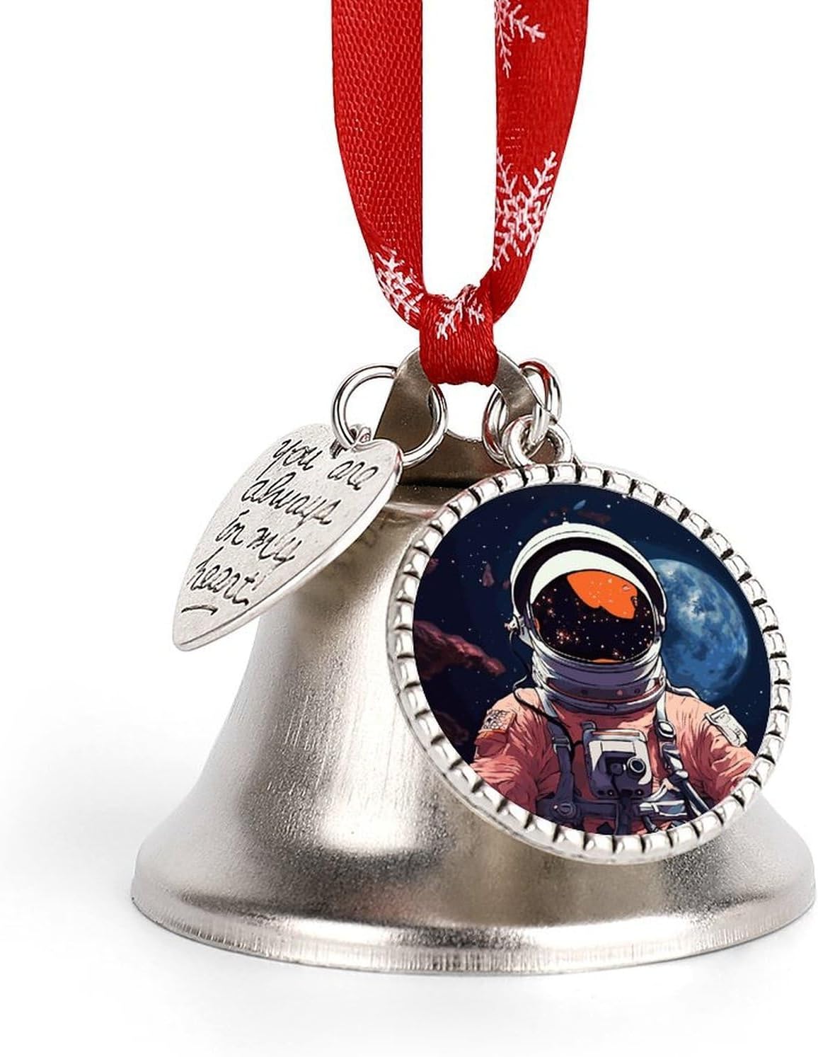 Cool Man in Outer Space Galaxy Christmas Bells Ornaments with Wings & Heart Silver Bell Pendant for Christmas Tree Home Door Mantle Fireplace Decoration