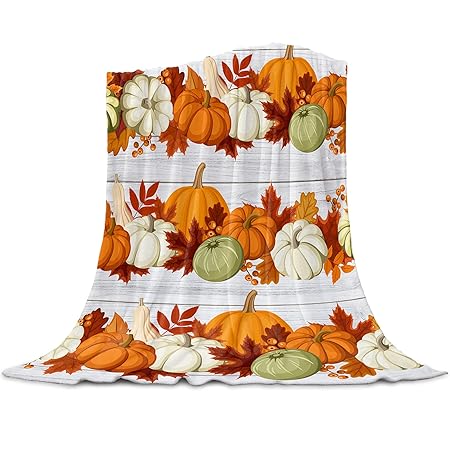 Thanksgiving Flannel Fleece Throw Blanket Pumpkins Autumn Leaf Reversible Soft Cozy Bed Blanket Fall Harvest Vintage Wooden Board Microfiber Fluffy Lightweight Blanket for Couch Sofa 50x80 inches