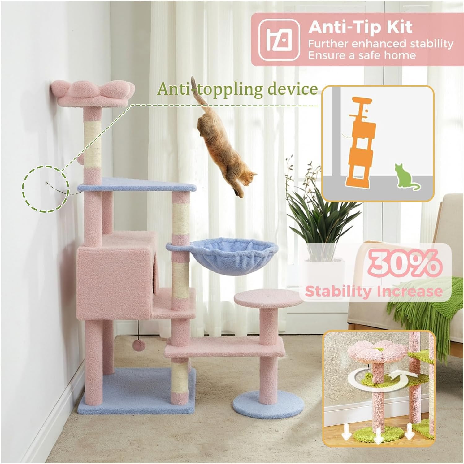 Flower Cat Tree 56 Inches，Large Cat Tower with Detachable Flower Cushions and Hiding Condo, Tall and Big Cat Tree with Hammock Bed, Interactive Toys and Scratching Posts for Indoor Cats