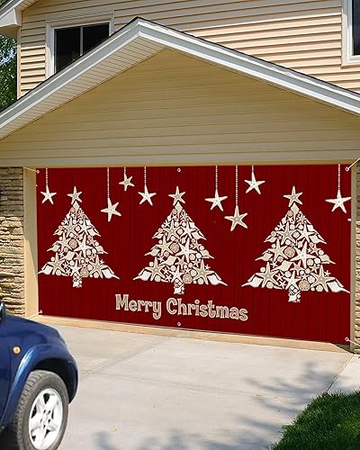 Miniatura 5 de Garage Door Banner Decoration With 6 Metal Rings, Merry Christmas Ocean Animals Xmas Tree Red 7 x 16 ft Large Garage Door Cover Banner for Outdoor