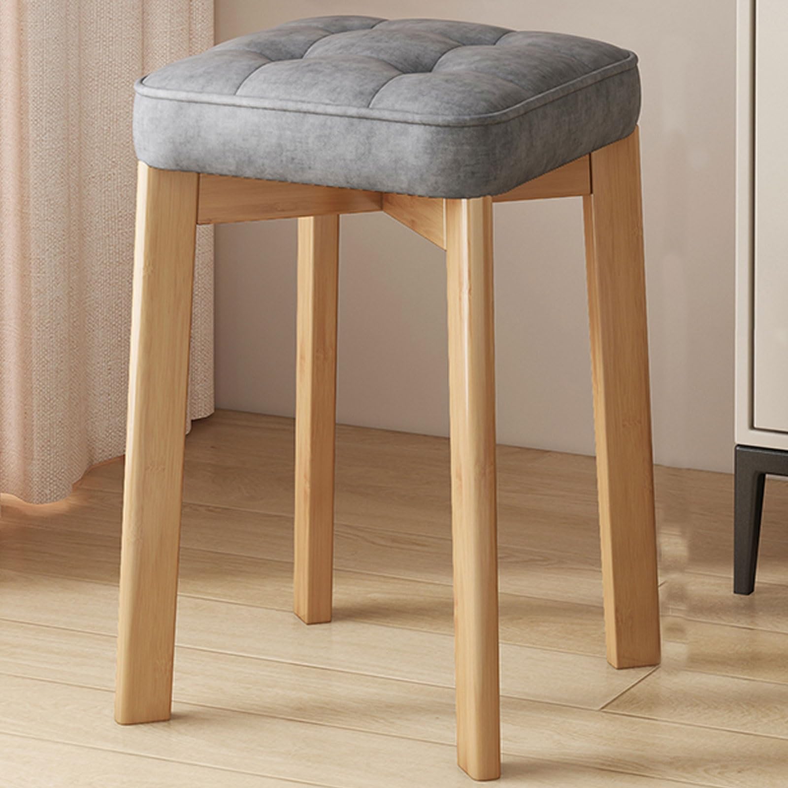 Taburete de maquillaje con patas de madera y asiento tapizado en poliuretano para dormitorio