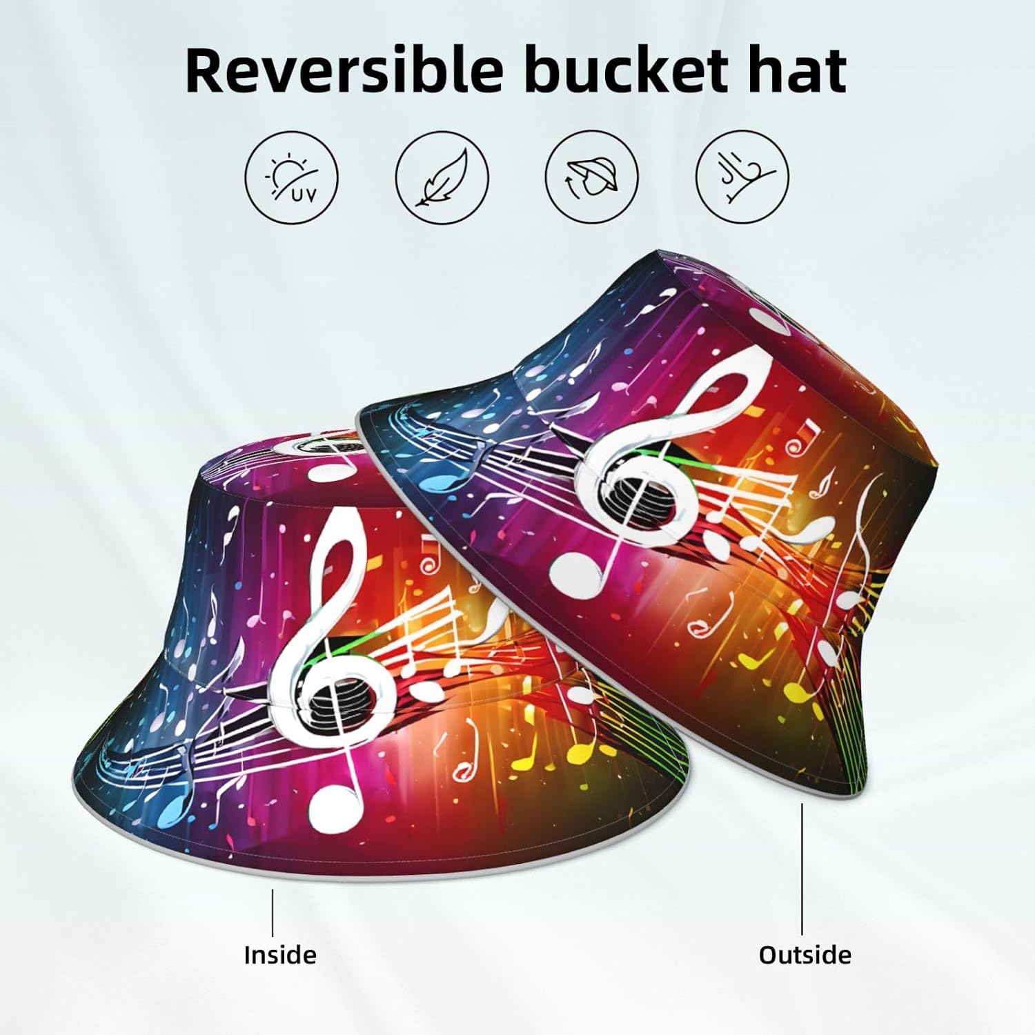 (Music Note) Reflective Reversible Bucket Hat Foldable Breathable Stylish Two-Way Wear for Outdoor Travel Daily Activities